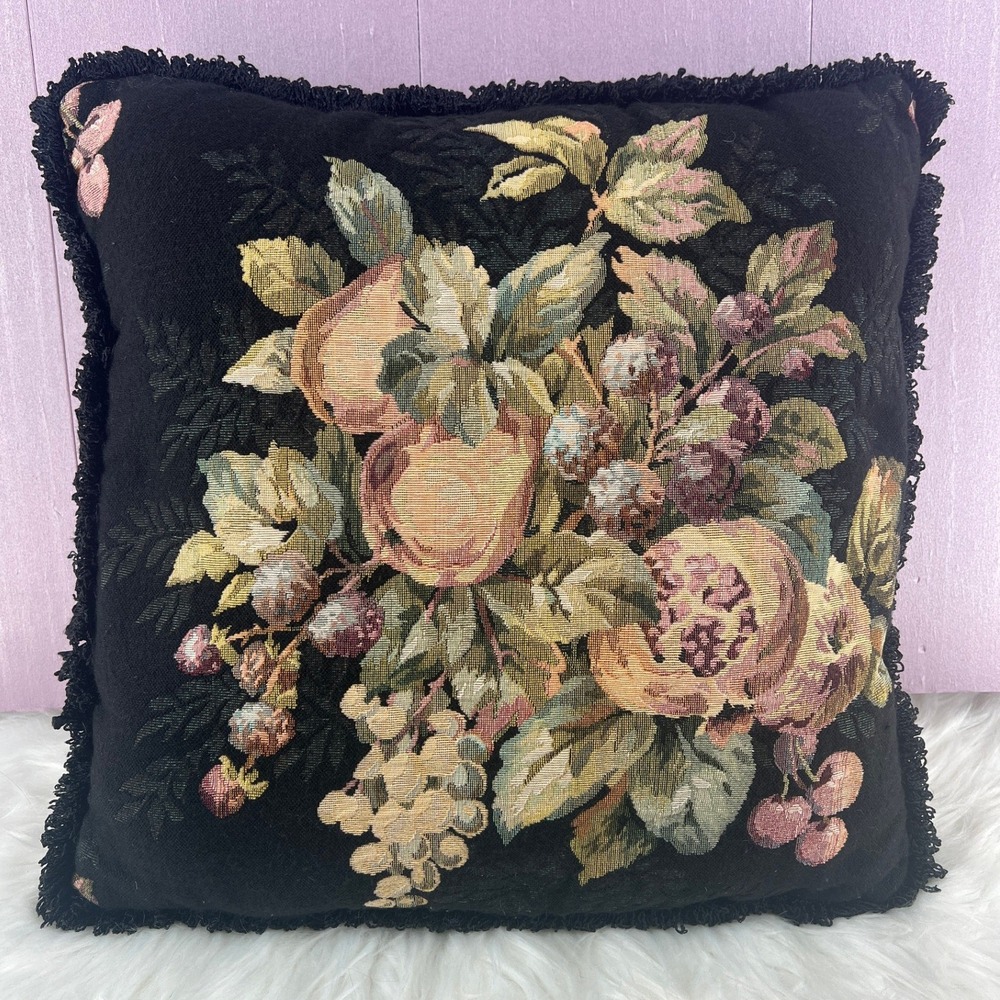 Vintage Black Moody Floral Fruit Tapestry Throw Pillow Fringe Cottagecore Decor